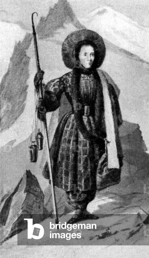 Henriette d'Angeville (1794-1871) aka the fiancee of Mont Blanc (Alps), 1st woman to go on the Mont Blanc in 1838, engraving