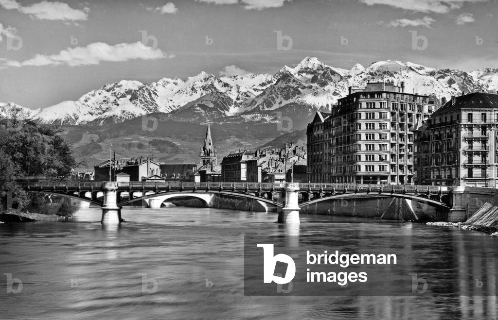 View of Grenoble, France, with Isere river, and the Alps (Belledonne), postcard, c. 1950