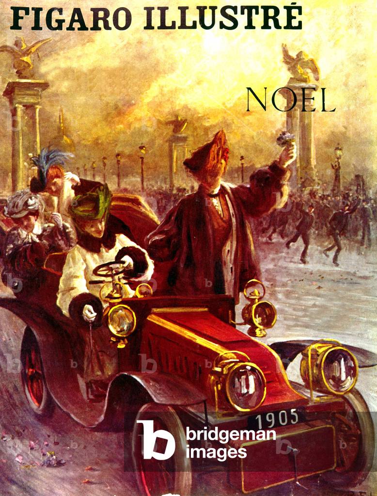 Frontpage of French paper Figaro Illustre, Christmas 1905 : women in a car near Alexandre III bridge in Paris