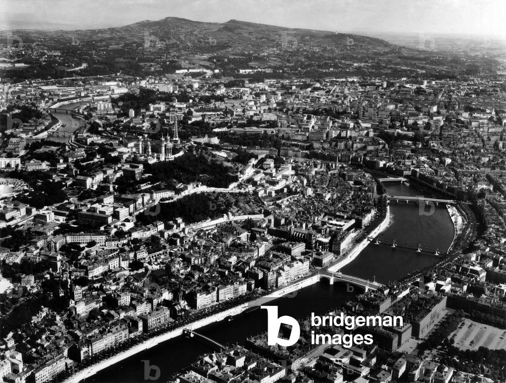 View of Lyon, France, 1972 : the Saone river and on l : Fourviere hill with basilica