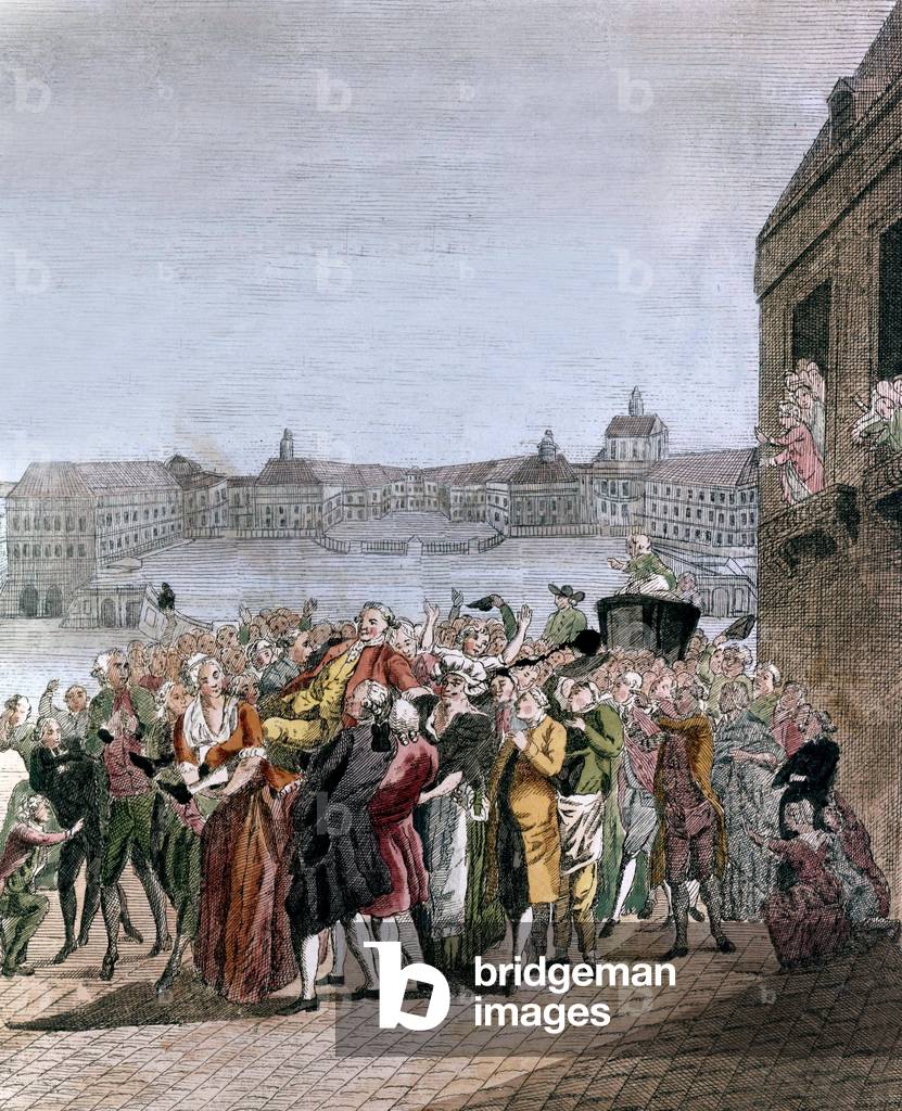 Jacques Necker (1732-1804) swiss politician, he was director of the Finances under LouisXVI, very popular, he's here wanted by the people who wants him to come back in the government (he had been dismissed in 1788), engraving