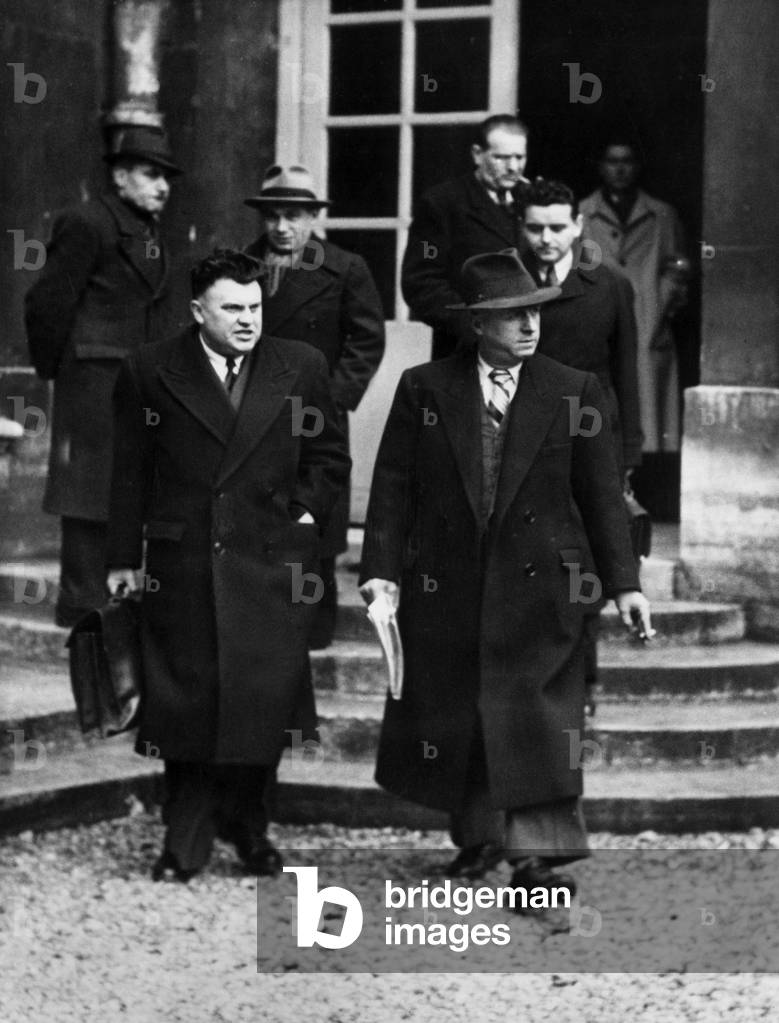 On january 11, 1947 after 1st council of ministers under presidentce of Vincent Auriol, Paris, Matignon : front : Marcel Paul et Ambroise Croizat, back : Francois Billoux and Tanguy Pringent