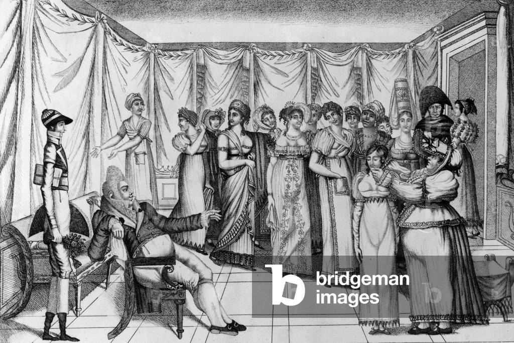 The parisian sultan : a madam presenting young prostitutes to a big man, 1800 - 1810, engraving, France