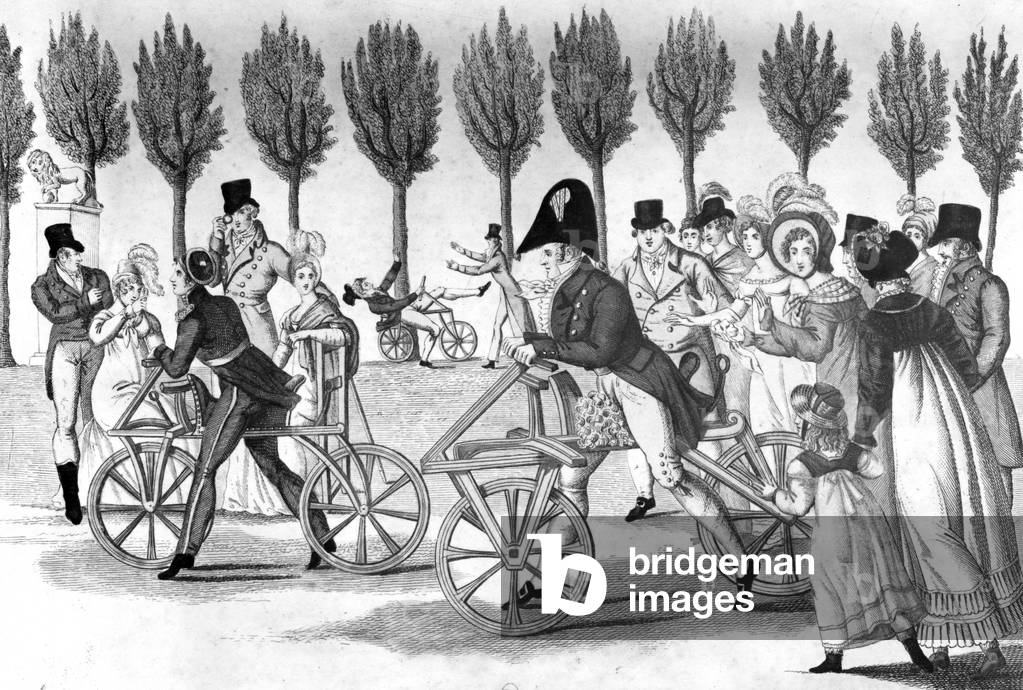 Race of dandy-horse, ancestor of the bike moved by feet, in Paris, c. 1800 - 1810, engraving