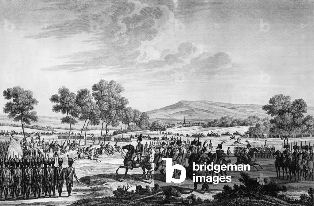 imperial guard in presence of two emperors napleon 1st and Alexandre 1st of Russia in Tilsitt june 28, 1807, engraving by Bovinet