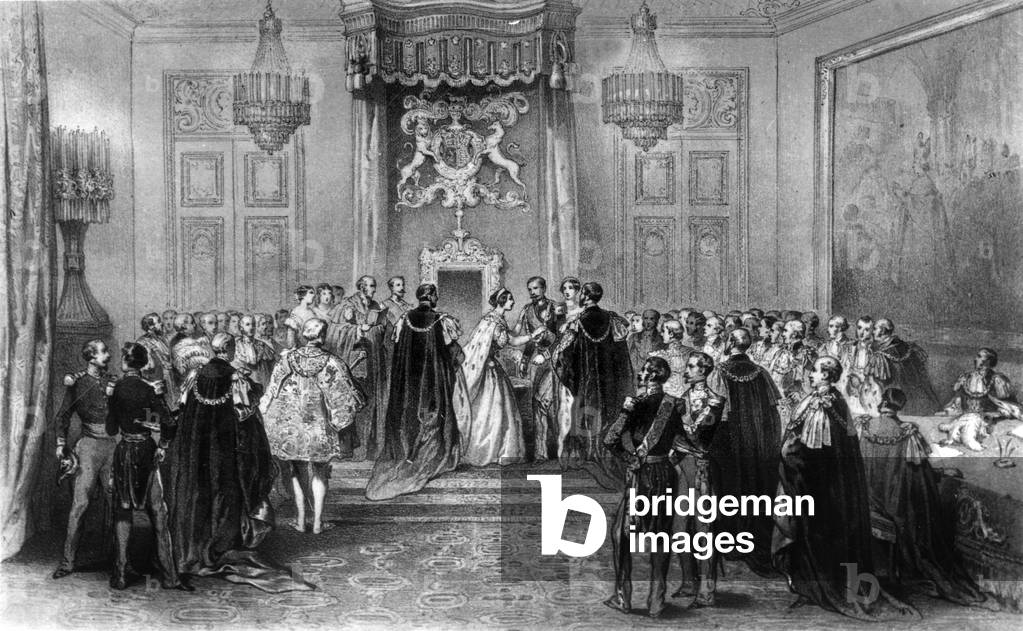 In Windsor castle, queen of England Victoria giving Order of the Garter. to French emperor Napoleon III, 1855, engraving