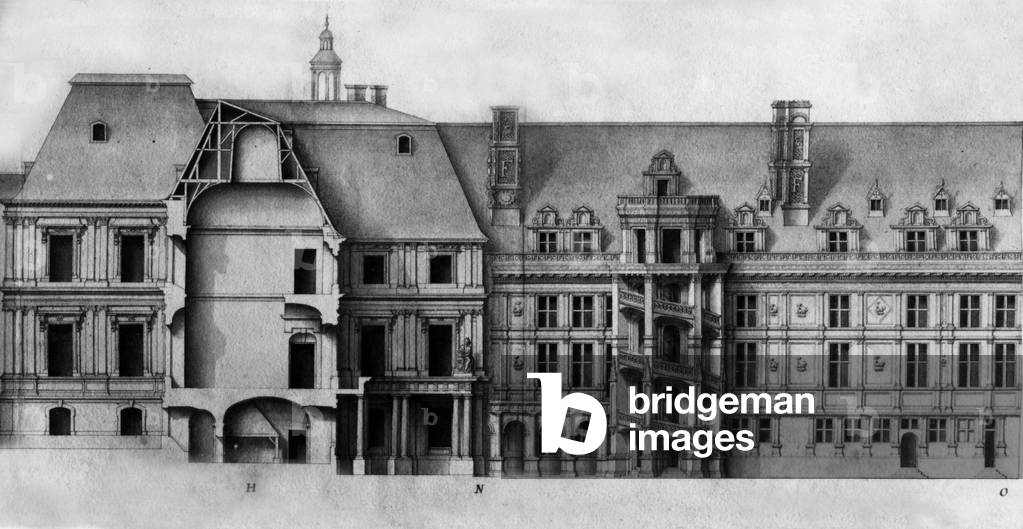 Blois castle (France) : Francois1st' wing staircase (built in 1515-1524) engraving