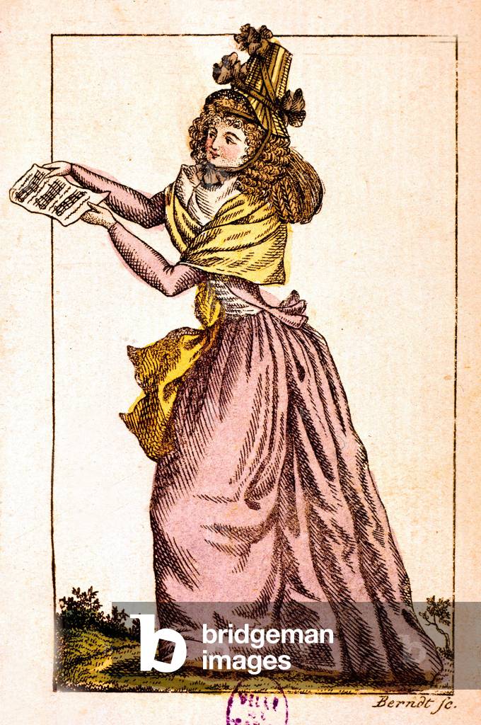 women 's fashion in France , shortly before the time of the Directoire late 18th century early 19th century, engraving