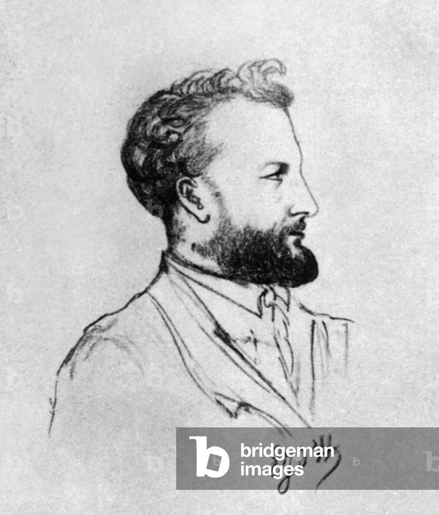 French writer Jules Verne in 1871, sketch by Elisabeth Jegou d'Herbeline when he was writing 