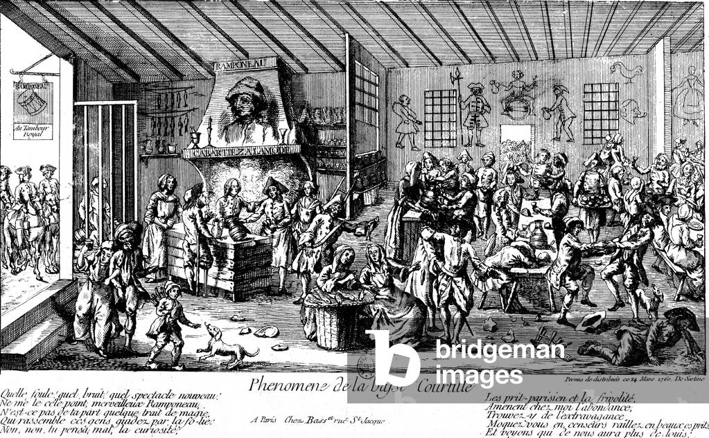 Daily life under LouisXVI 's reign in France : scene in bar Au Tambour Royal in Paris, 1760 - estaminet taverne tavern alcool alcohol