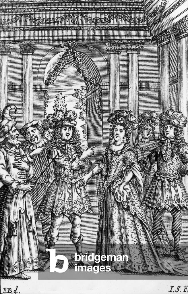 Play The Magnificent Lovers by Moliere : Eriphile, astrologer Anaxarque, buffoon Clitidas, Timocles and Iphicrate, engraving for a 1682 edition