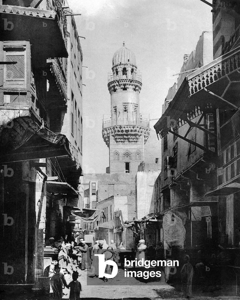 A minaret in a street in Cairo, Egypt, c. 1960