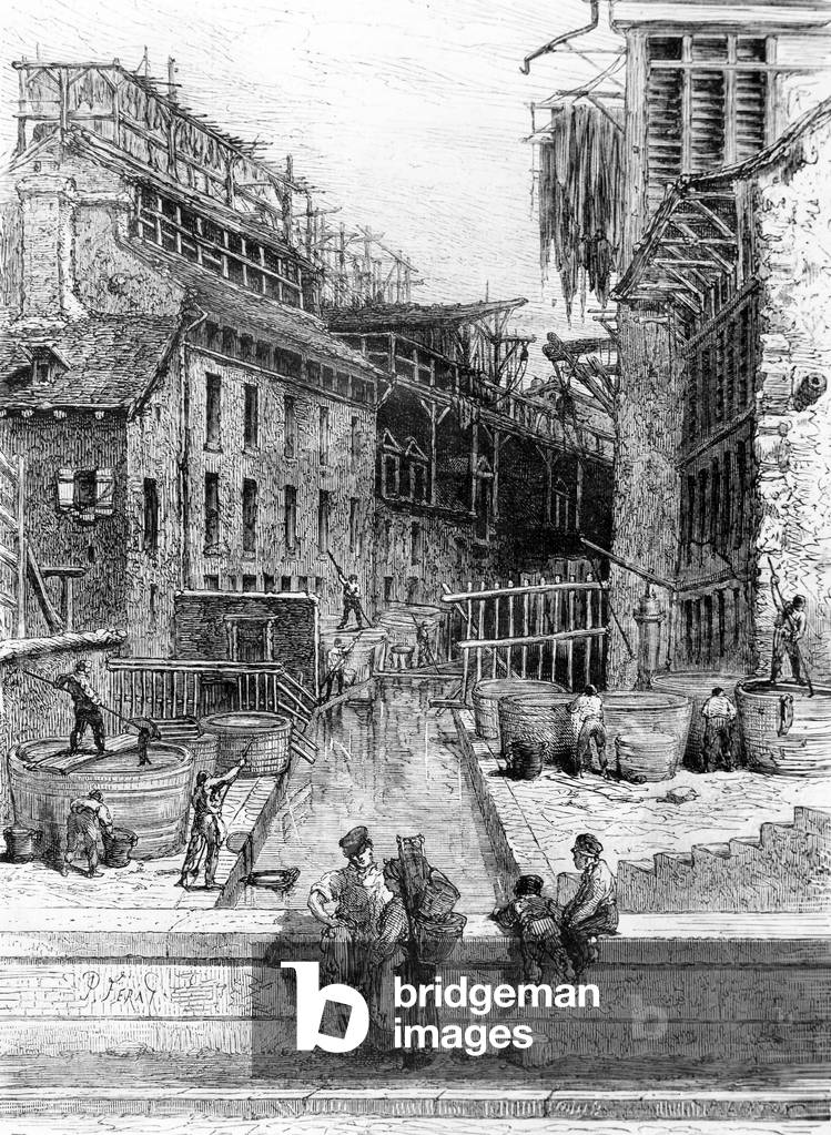 tanners' area along the Bievre river in Paris in the 19th century