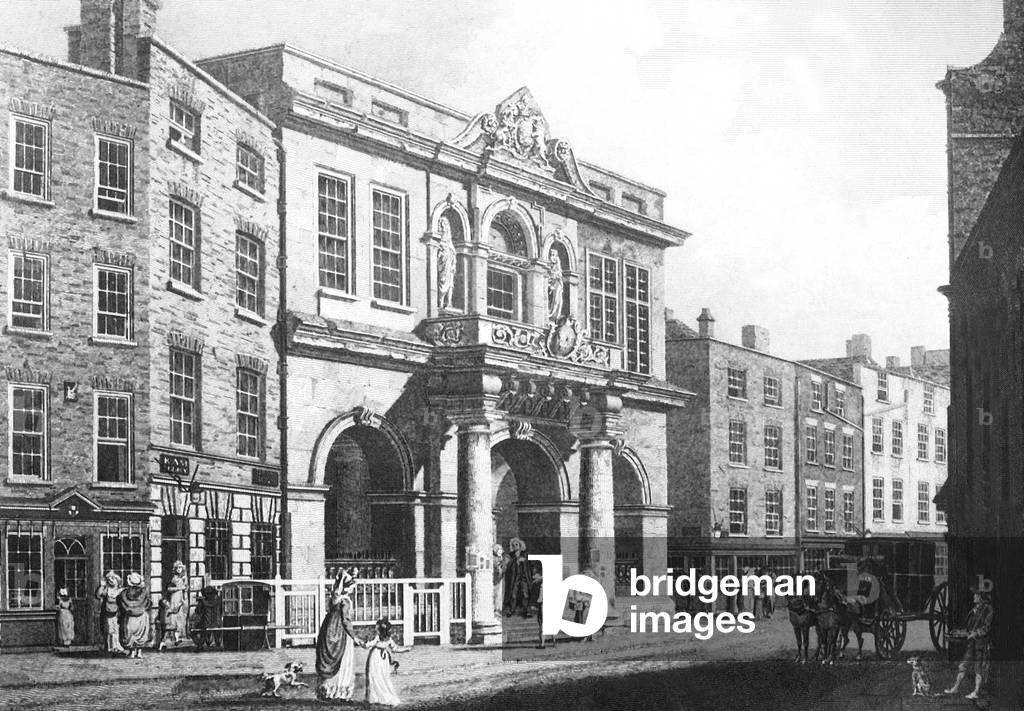 View of the Tholsel , head office of town council in Dublin, c. 1810, engraving