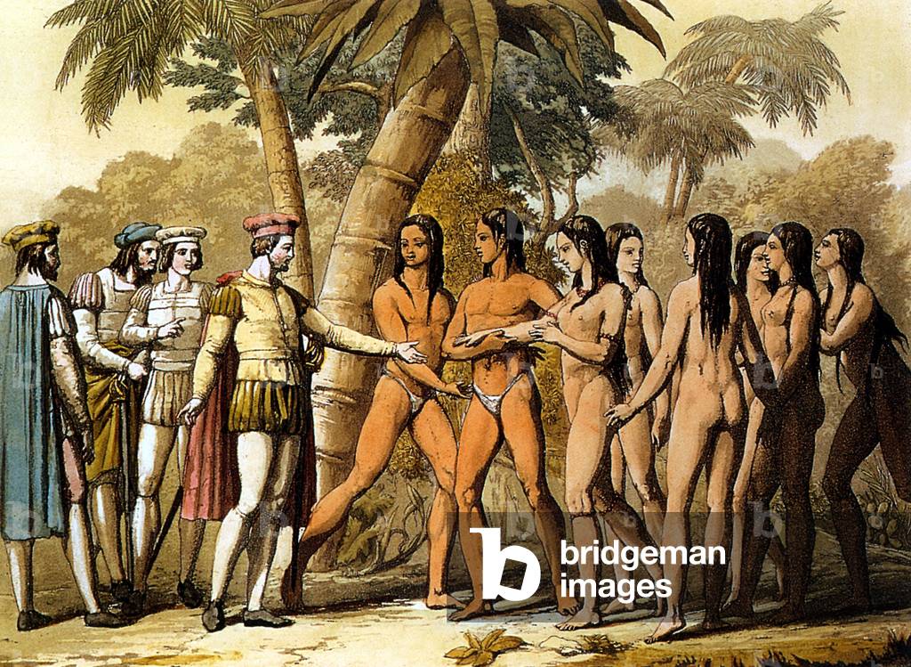 Indian women from San Salvador greeting Christopher Columbus, 15th century, engraving