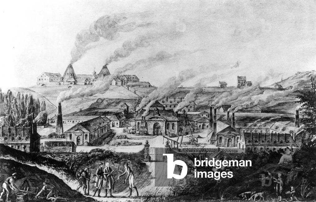 Steel factory in Le Creusot (France) in 1806, engraving