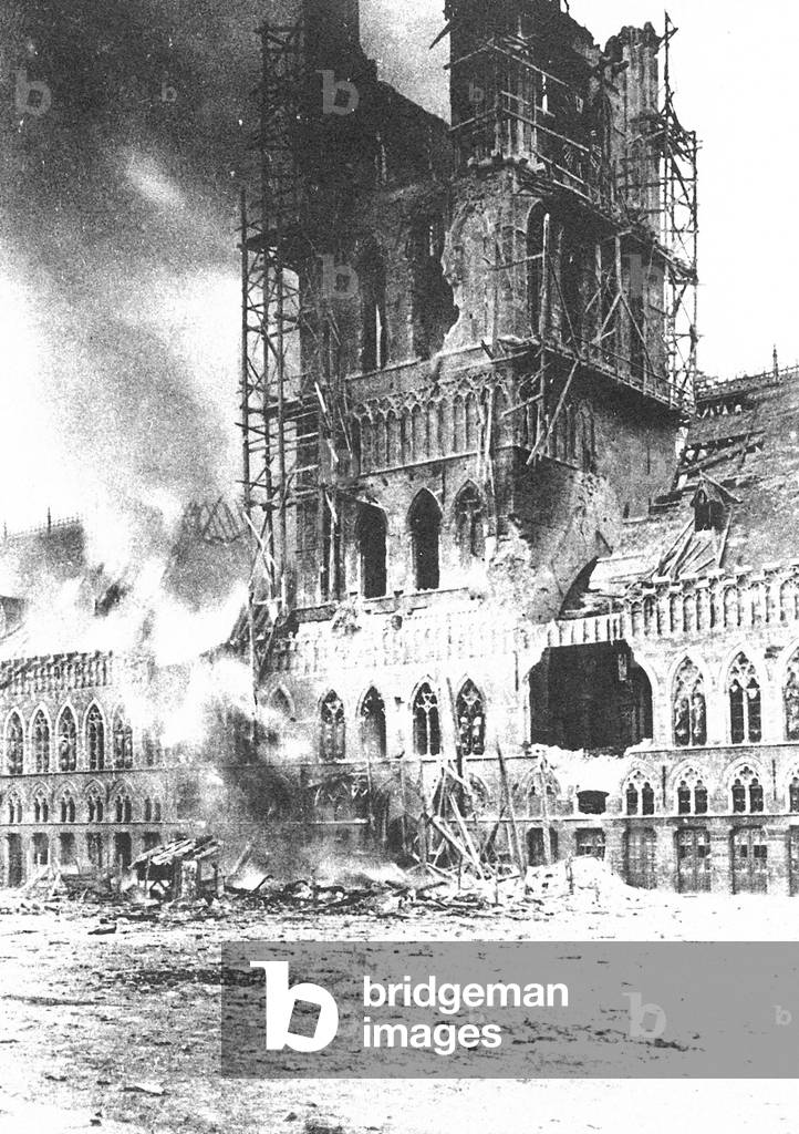 Belfry in fire in Ypres, Belgium, after the bombings november 22, 1914