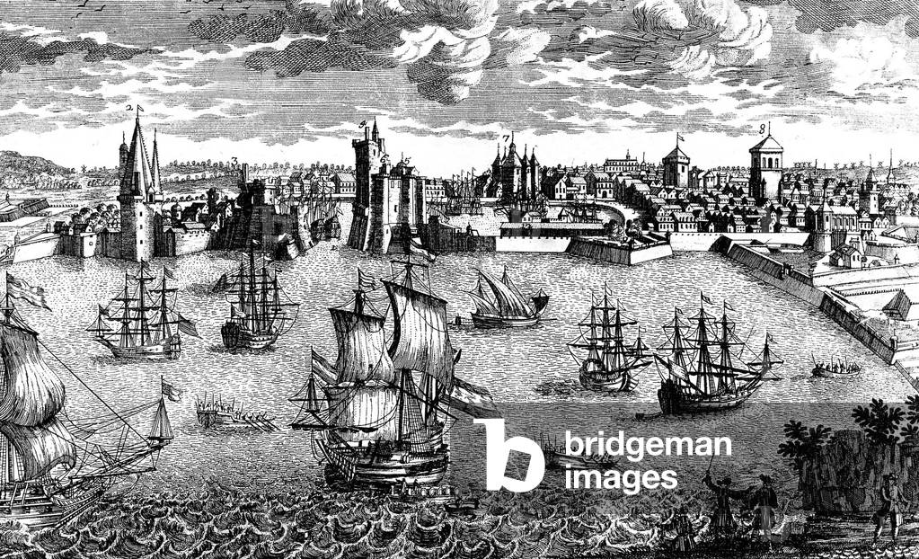 View of the harbour in La Rochelle, France, 18th century, engraving
