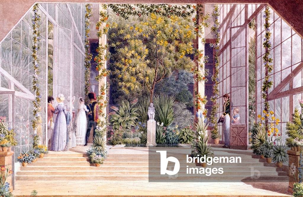 The warm greenhouse of castle of Petite Malmaison built by Josephine de Beauharnais in 1805, but diffrent from The Malmaison castle, with reception room and greenhouses, watercolor by Auguste Garneray