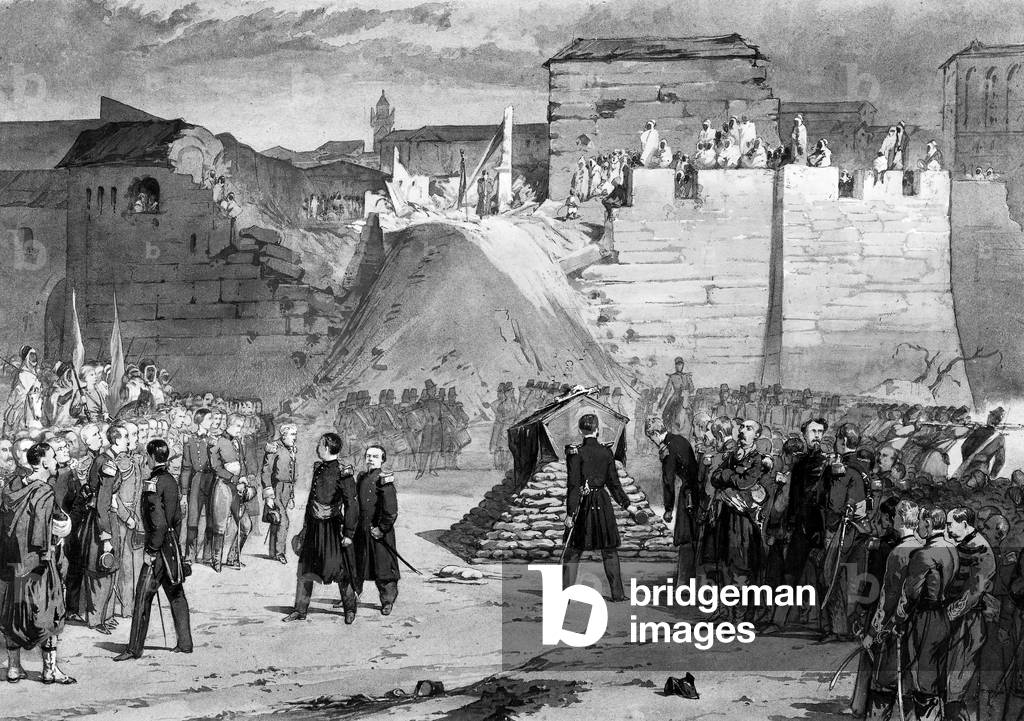 Capture of Constantine october 1837 last honours to commander-in-chief French general count de Danremont killed during the battle on the left are officers Valee Nemours and Joinville during conquest of Algeria by France colonie colonisation colonialisme colonialiste colons francais colonization French colony colonialism colonialist colonist