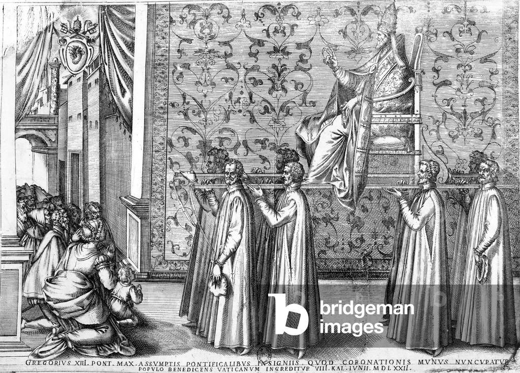 Pope Gregory XIII (1502-1585), Ugo Boncompagni, pope from 1572 to 1585, blessing people in Vatican in 1572 when he was enthroned, engraving