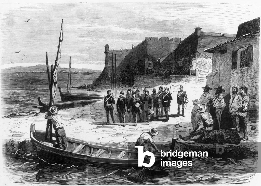Arrest of warders of Ste Marguerite island prison from where marshal Francois Achille Bazaine (1811-1888) escaped, 1874, engraving