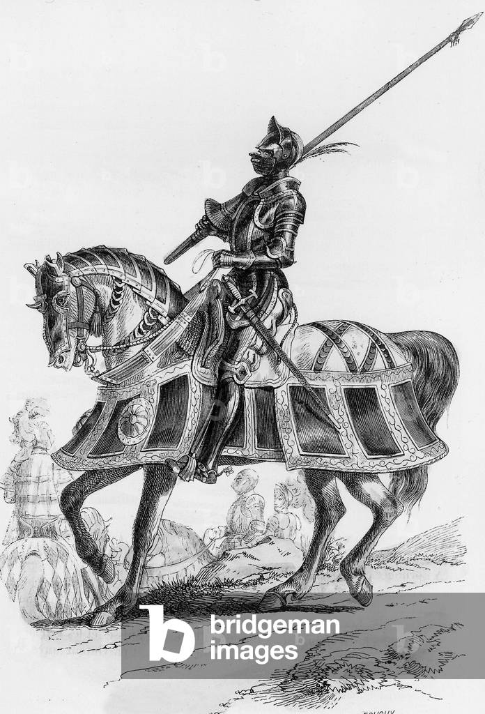 Gendarmerie in 1495-1545 : knight, engraving from book about history of army by Adrien Pascal, 1853