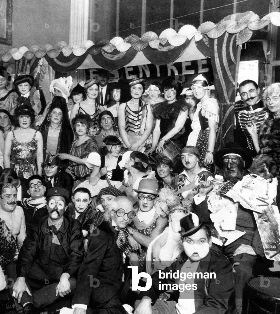 Surrealist fancy dress ball in Montparnasse, Paris, 1925 in presence of Tsuguharu Foujita (c, bowler hat), Adolphe Feder, Leopold Levy, Pierre Ladureau