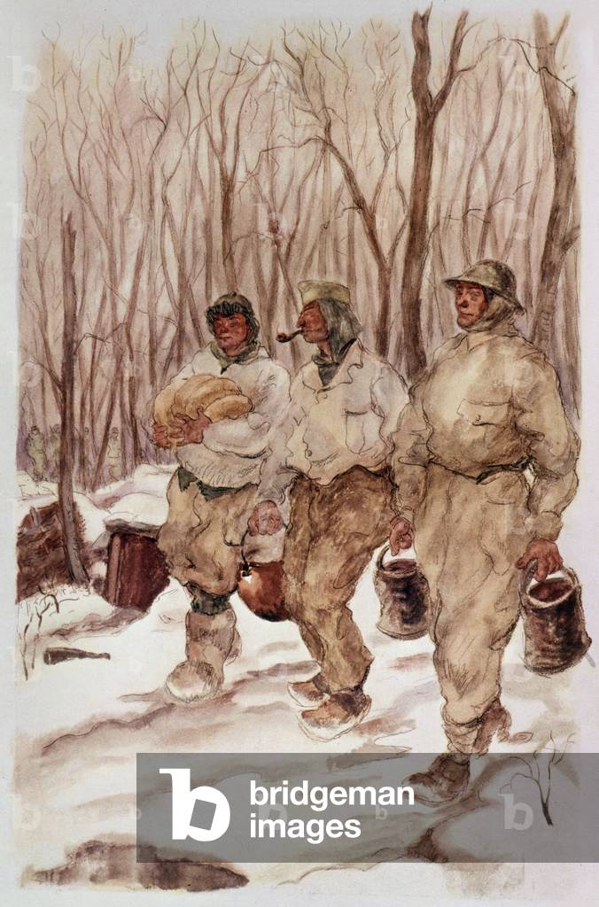 3 members of FFI (Resistance forces operating in France during the Second World War) in la Haart forest in february 1945, drawing by Siss