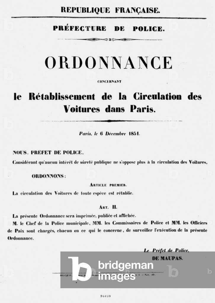 Ruling from rpefecture of police (Charlemagne Emile de Maupas) about restoration of traffic in Paris on december 6, 1851