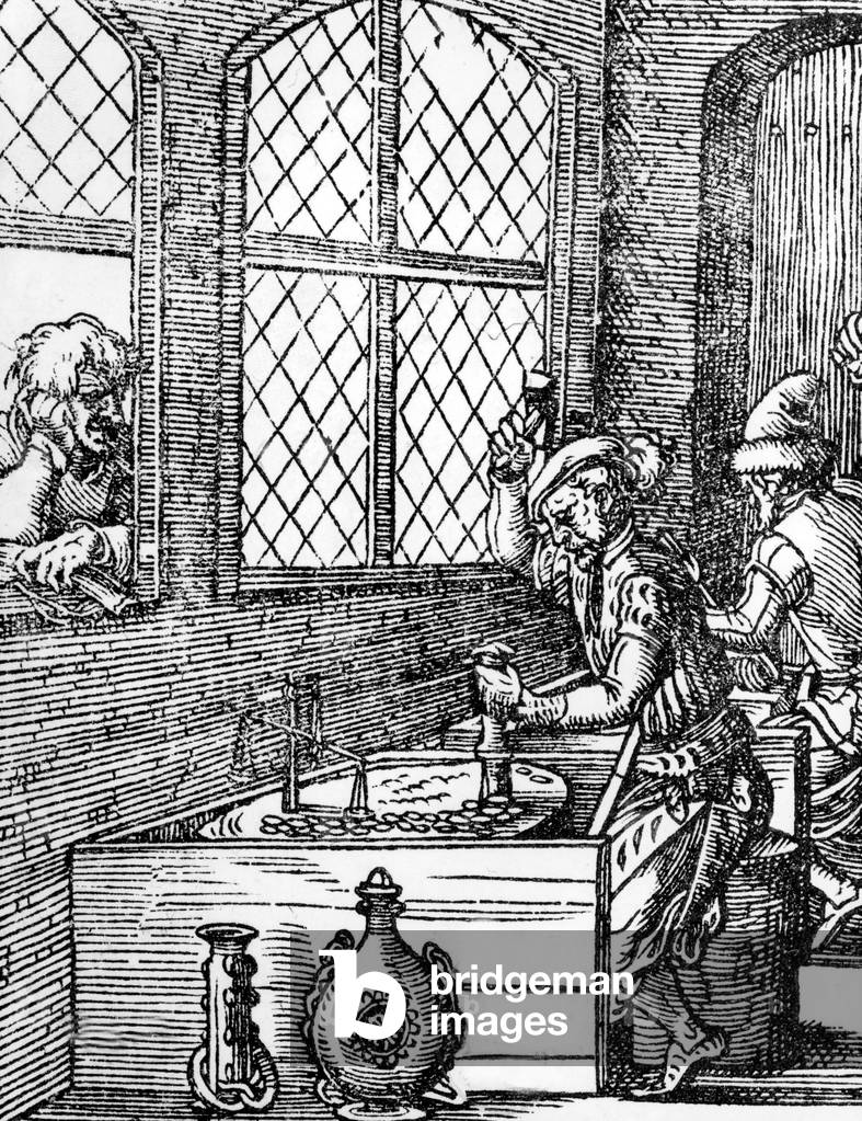 Making of coins in 16th century, engraving by Jost Amman