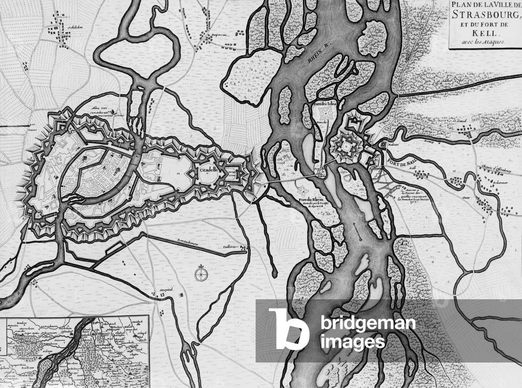 Strasbourg (Alsace, France) : plan of fortifications by Vauban, on r : Kell fort, engraving, 17th century