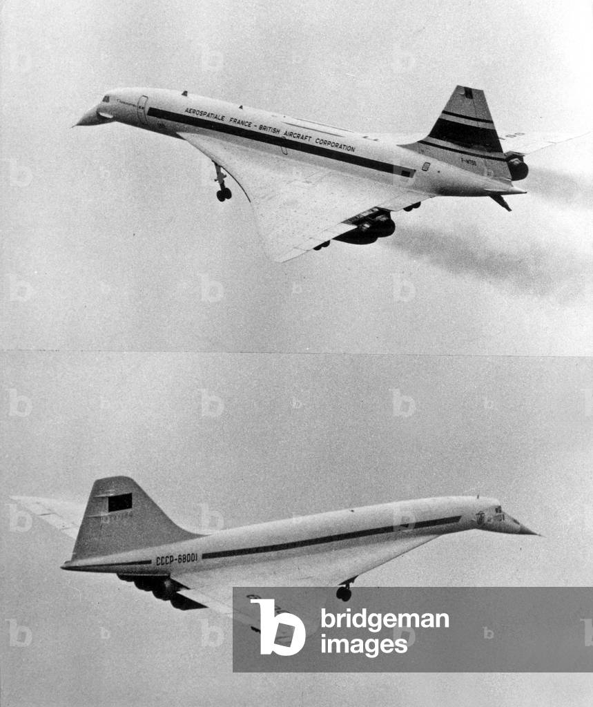 Commercial supersonic planes, 1973 : Concorde 001 (top, French-english) and Tupolev 144 (bottom, russian)