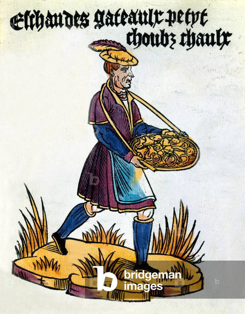 Cake saler, engraving, 16th century