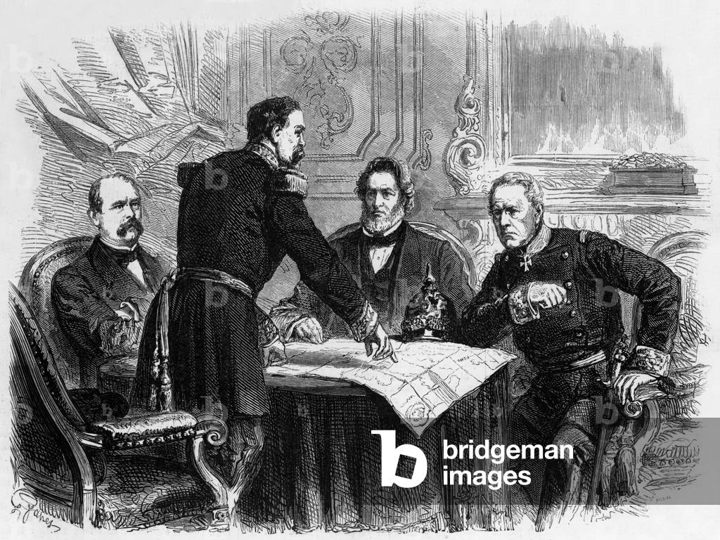 Discussion about armistice signed on january 28, 1871 in Versailles : l-r : Otto von Bismark (german), French general Horix de Valdan, Jules Favre (French) and german general Ludwig von Moltke, engraving