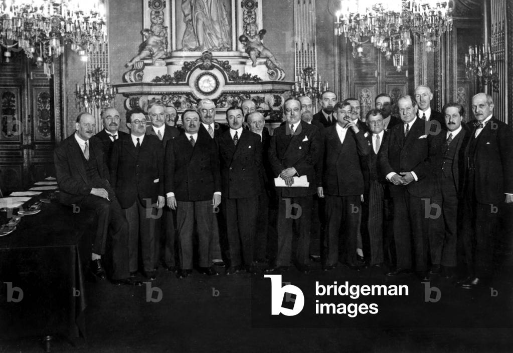 3rd Tardieu ministry on february 23, 1932, France : l-r : Pierre-Etienne Flandin, Charles Pechin, Maurice Foulon, Louis de Chappedelaine, Achille-Armand Fould, Louis Rollin, Paul Reynaud, Pierre Perreau-Pradier, Claude Chauveau, Andre Tardieu, Charles Guernier, Auguste Champetier de Ribes, Pierre Laval, Gaston Gerard, Marius Roustan, Maurice Petsche, Albert Mahieu, Etienne Riche, Pierre Cathala, Francois Pietri