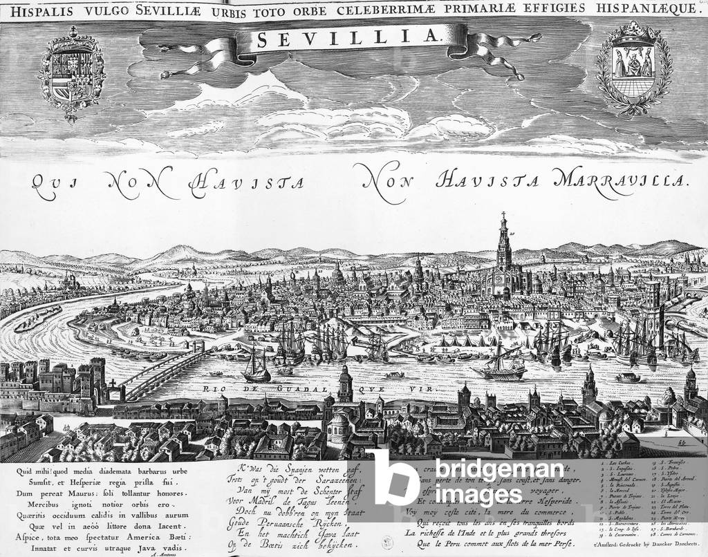 View Guadalquivir river and Sevilla Spain engraving by Dancker (1634-1666)