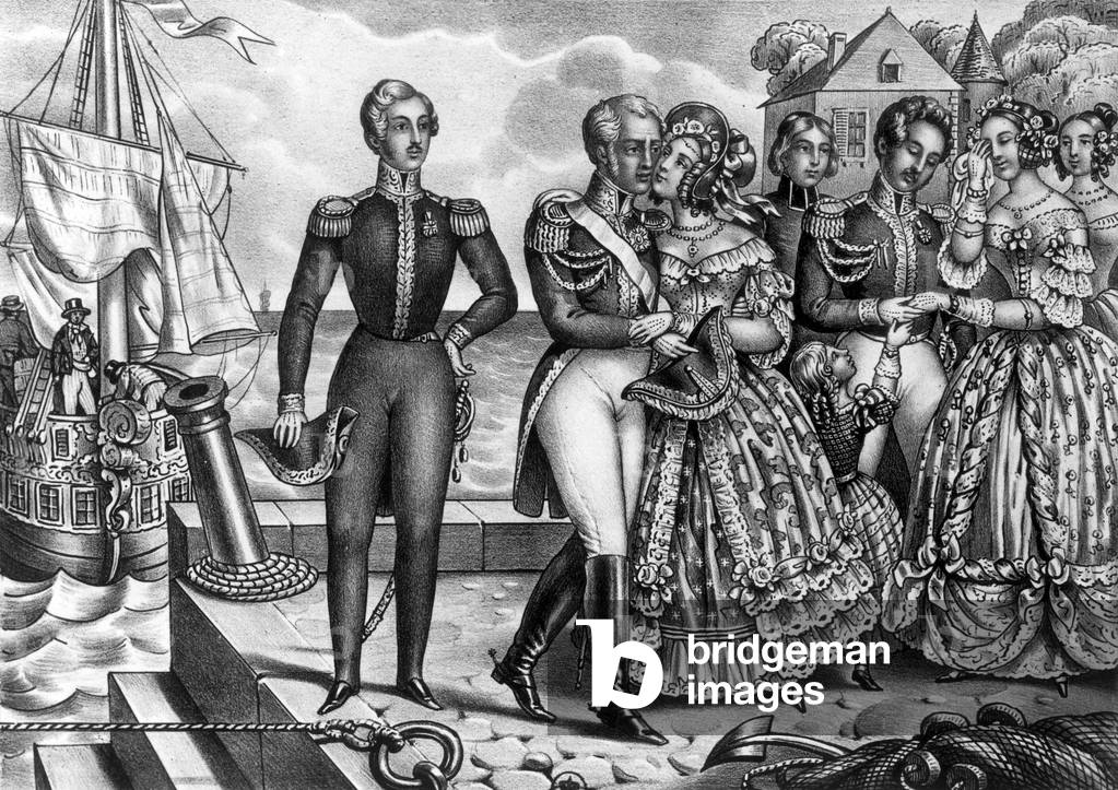 In Toulon on august 4, 1840 : French generals Bertrand and Gourgaud saying goodbye to their wives under look of Francois Ferdinand d'Orleans, prince de Joinville (l) before going to Ste Helene to get back remains of Napoleon, engraving by Vayron