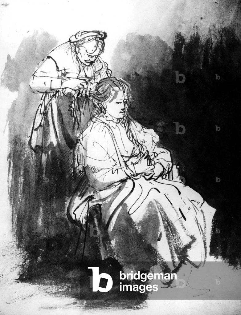 A servant doing a woman's hair, drawing by Rembrandt van Rijn (1606-1669)