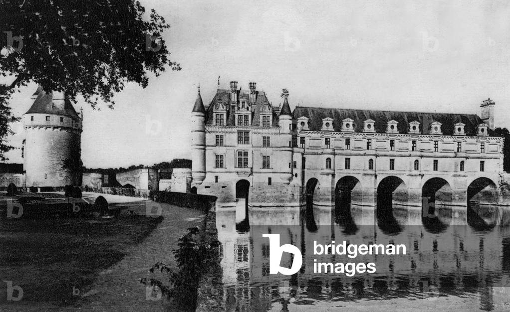 Chenonceau castle over Loire river (France) built from 1515, postcard
