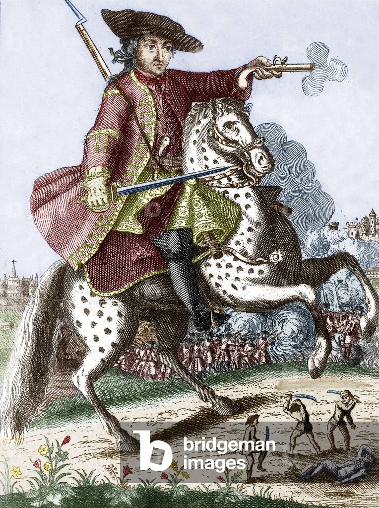 Louis Mandrin (1724-1755) French brigand and smuggler, engraving colourized document