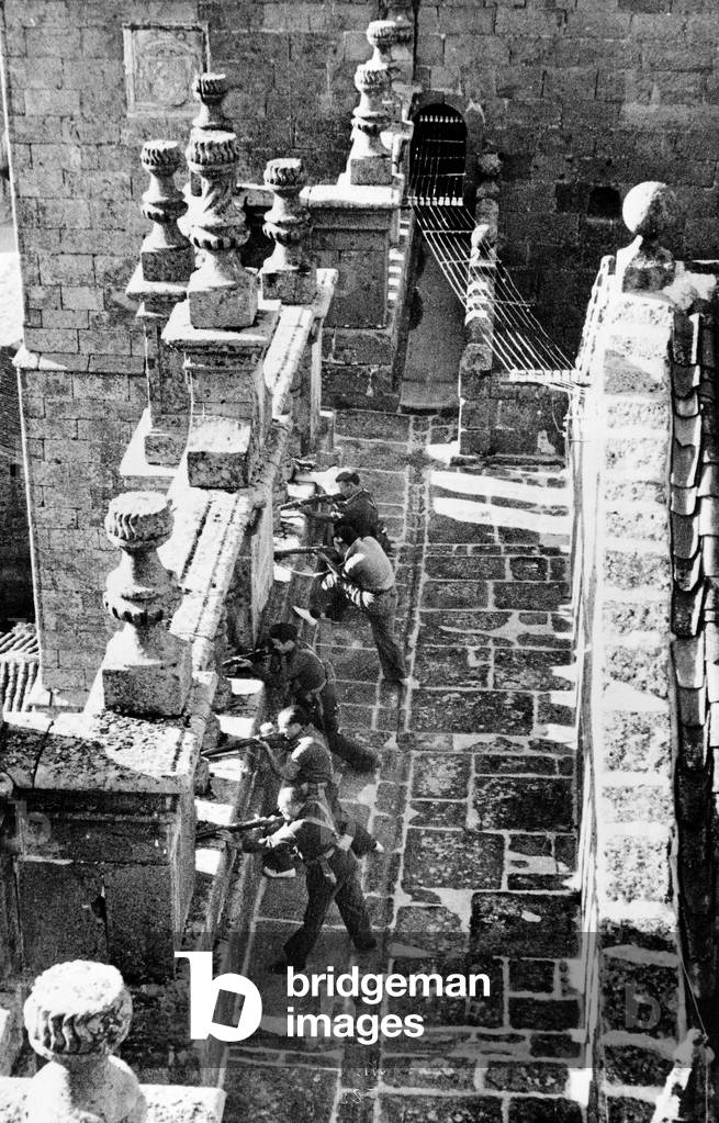 Spanish nationalists francoist troops in the Alcazar in Toledo in september 1936 during the spanish civil war. 1760 nationalists have entrenched themselves in Alcazar of Toledo and resisted to republican assaults during 2 monts (july-september 1936) before being liberated byFranco