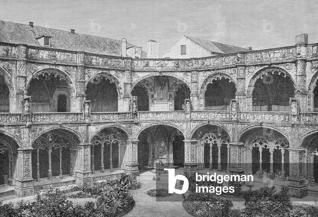 Belem cloister near Lisbon in Portugal, engraving, 19th century