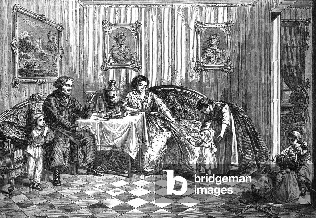 Wealthy russian family c. 1860, engraving