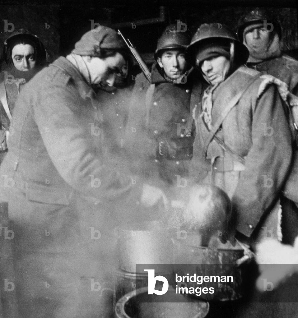 French soldiers eating some hot soup to warm up february 1940