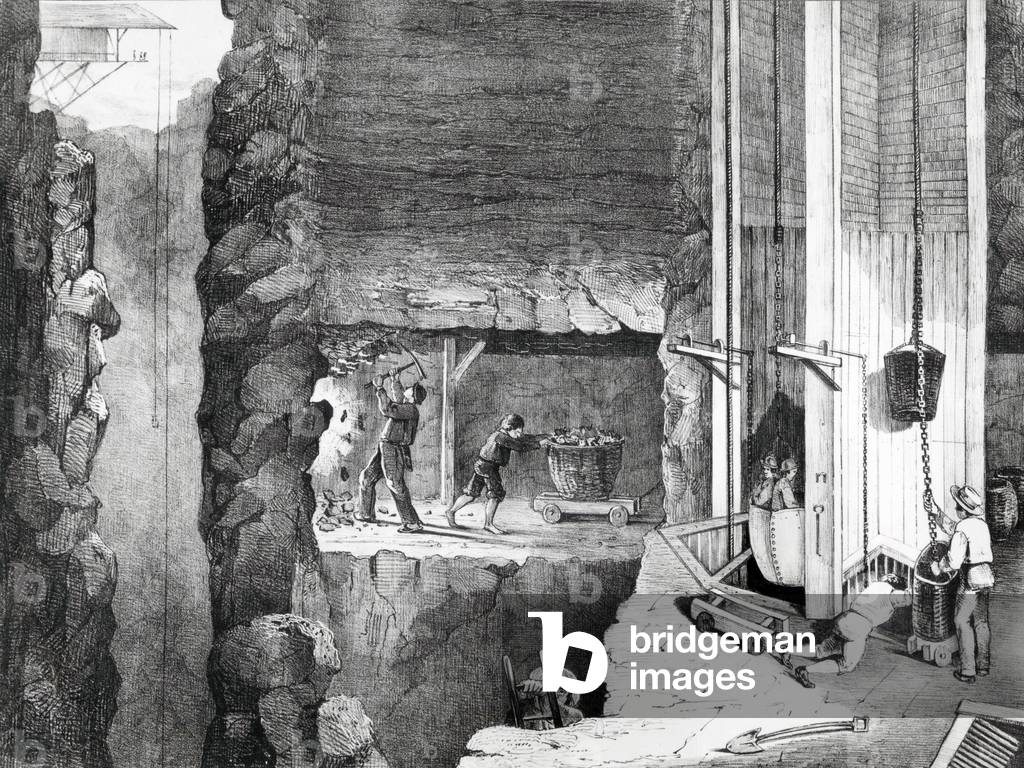 miners working in a mine, engraving by Bineteau, 19th century