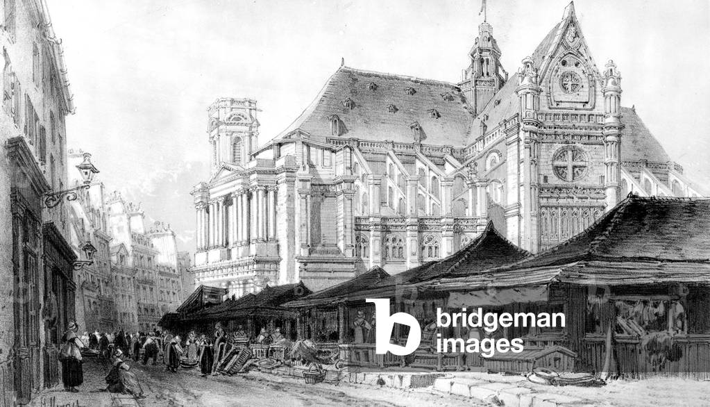the Saint Eustache church and the covered market in Les Halles area in Paris in 1830, engraving