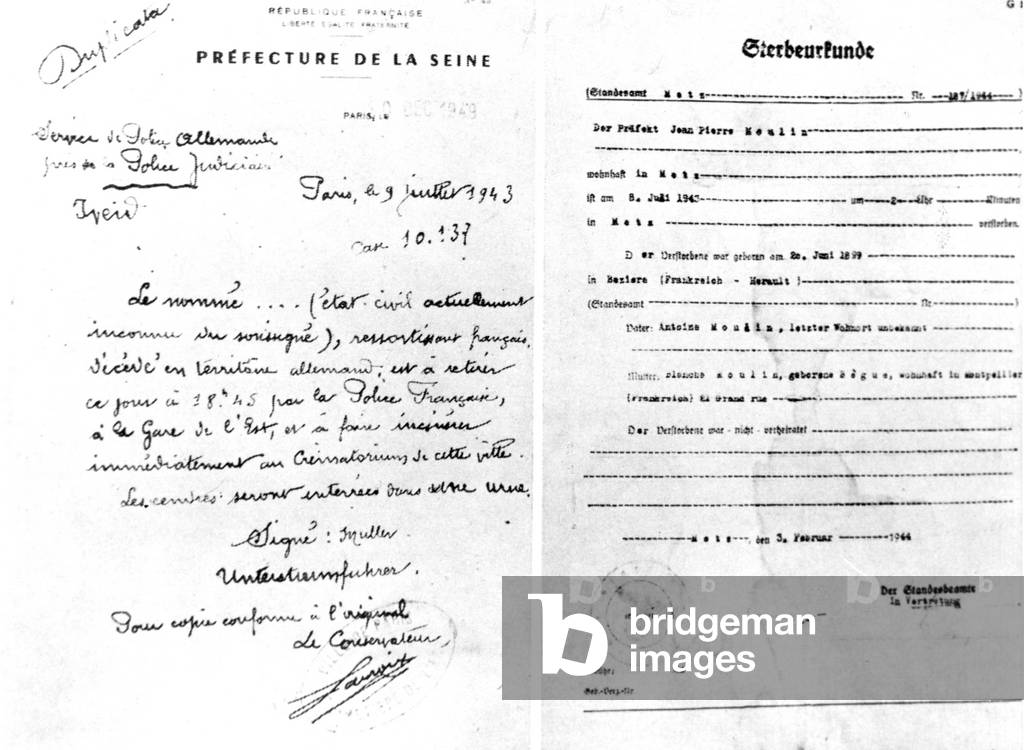 Death certificate of French Resistant Jean Moulin, 1943 (print)