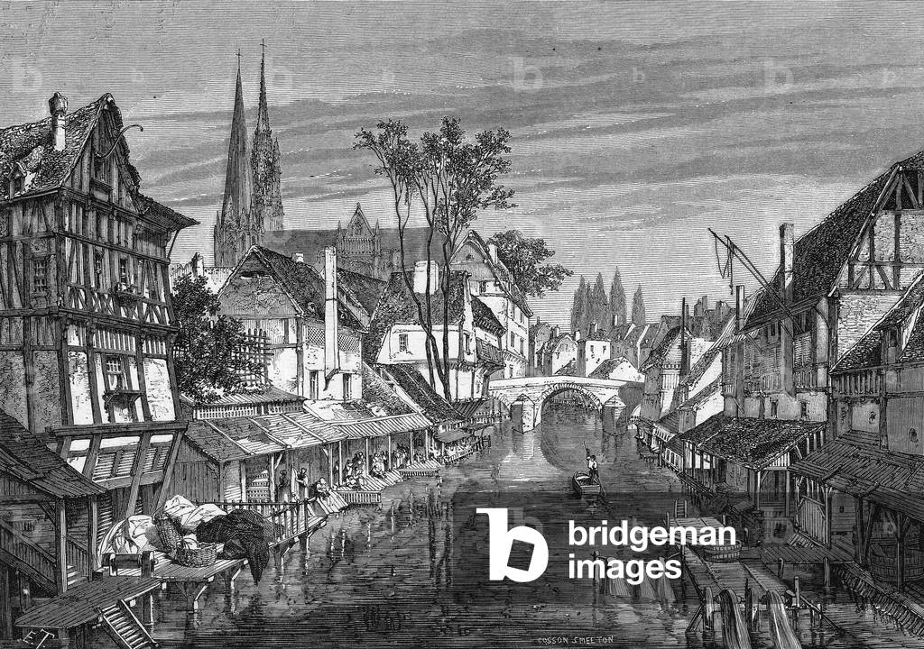 Eure river in Chartres (France), engraving after a drawing by Therond, 19th century