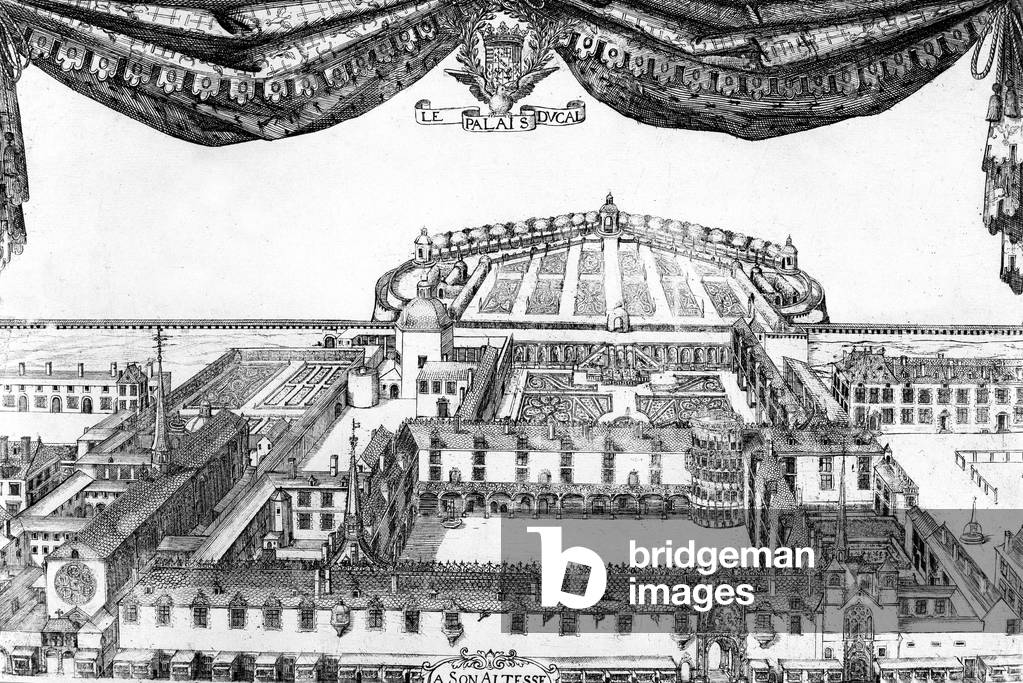 the palace of dukes of Lorraine in the city Nancy , France, engraving 16th century